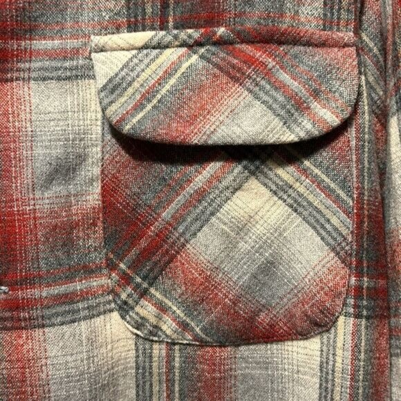 Pendleton Mens Long Plaid Wool Shirt Gray/Red Buttons & Pockets - Picture 3 of 4